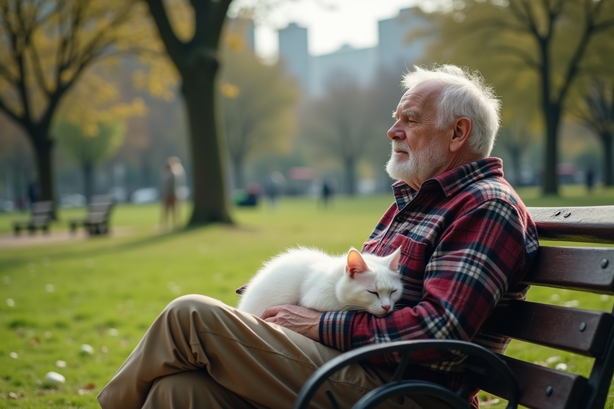 Homme age avec chat blanc dans un parc urbain
