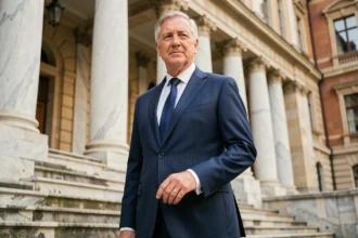 Homme politique européen en costume marine devant un bâtiment institutionnel à Bruxelles