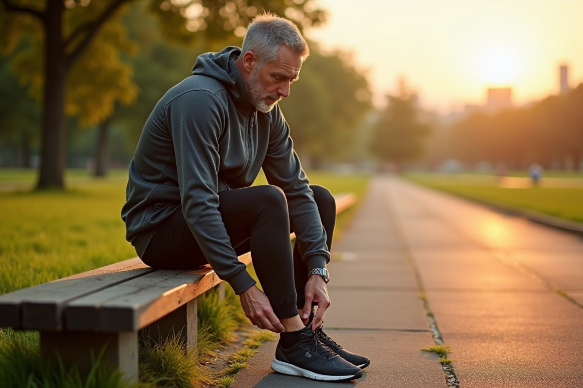 Homme en tenue de sport préparant sa course au parc au lever du soleil