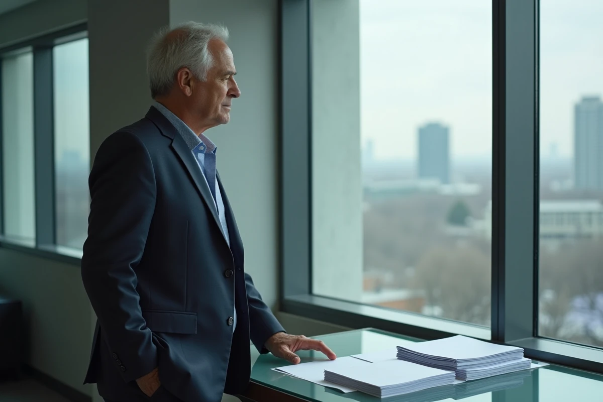 Homme regardant par la fenêtre dans un bureau moderne