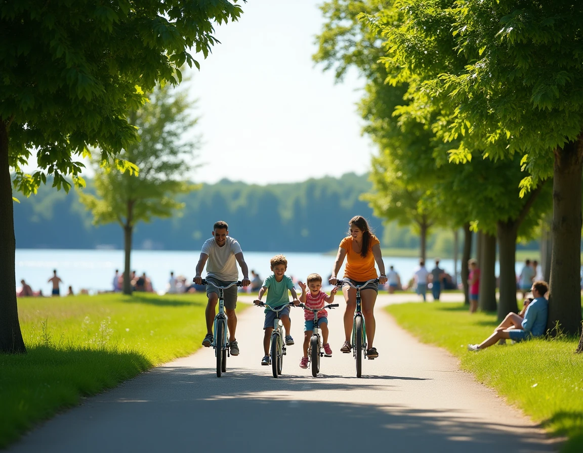 Famille à vélo sur le chemin longeant le lac de l'Île de loisirs de Cergy-Pontoise