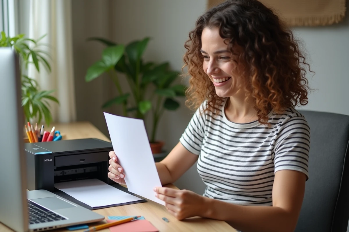 Femme imprimant un poème pour la fête des pères depuis son bureau à domicile