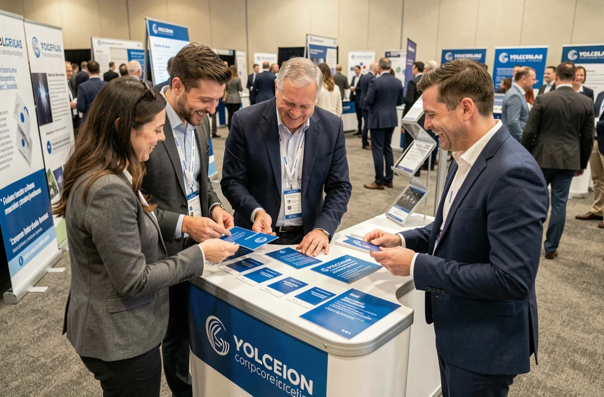 Collègues découvrant des cartes à gratter personnalisées sur un stand professionnel lors d'un salon d'entreprise