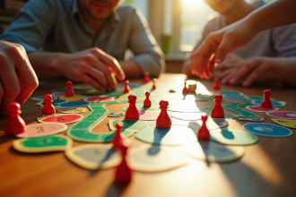 Partie colorée du jeu de la galette en cours avec mains et dés