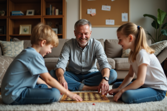 Père et enfants jouent à un jeu de société en famille dans le salon