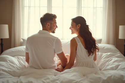 Jeune couple assis sur le lit pour leur premier anniversaire de mariage