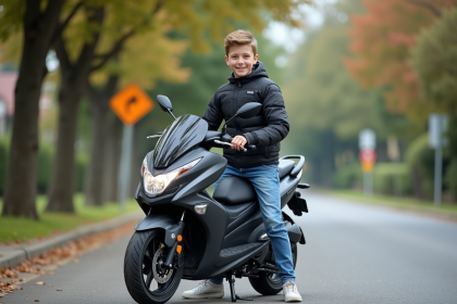 Jeune garçon de 14 ans avec veste moto et moto 50cc sur le trottoir