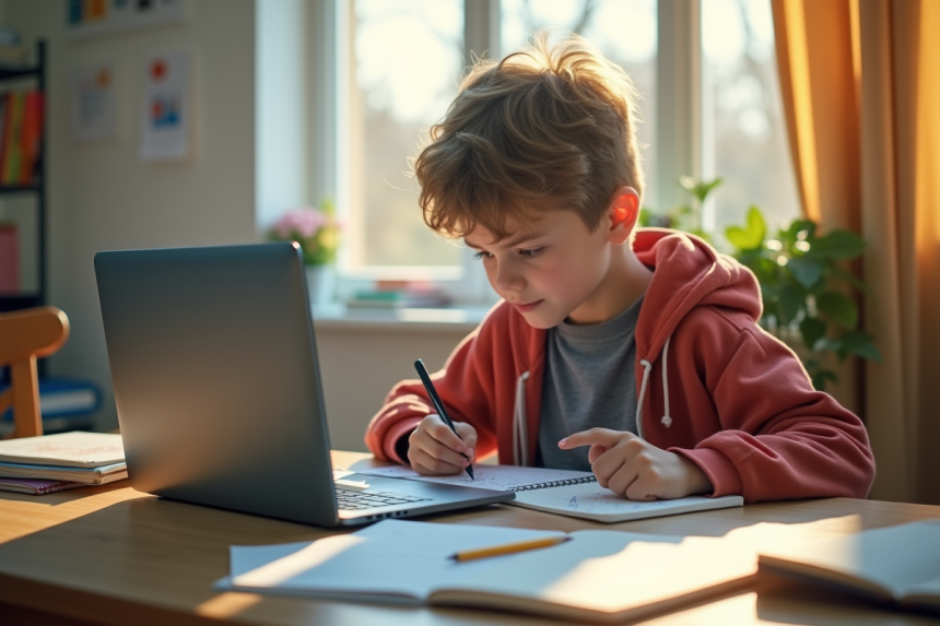 Jeune étudiant concentré sur ses devoirs dans une chambre lumineuse