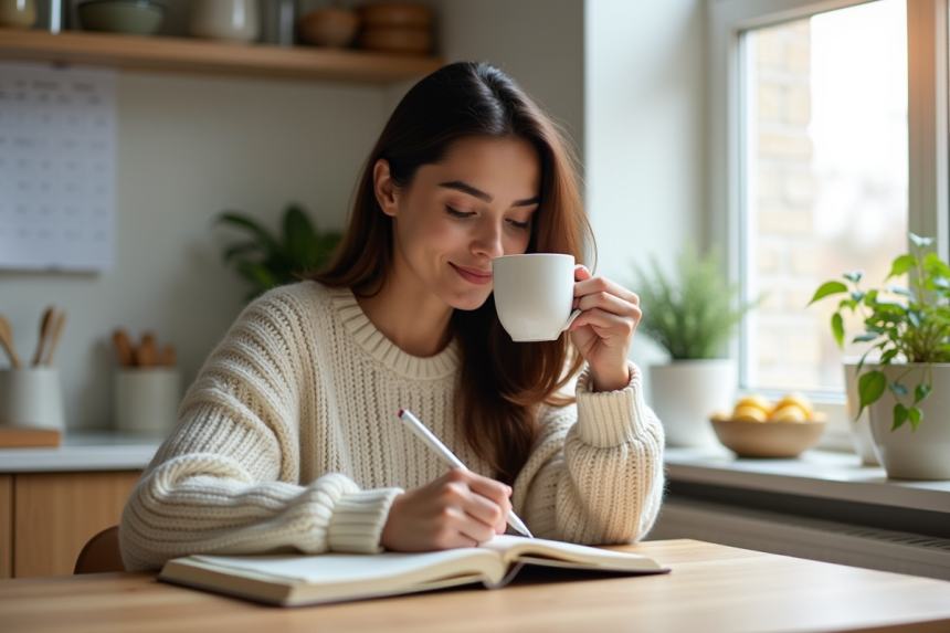 Jeune femme en loungewear journalisant avec thé dans la cuisine