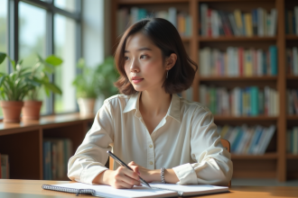 Jeune femme prenant des notes dans une bibliothèque lumineuse
