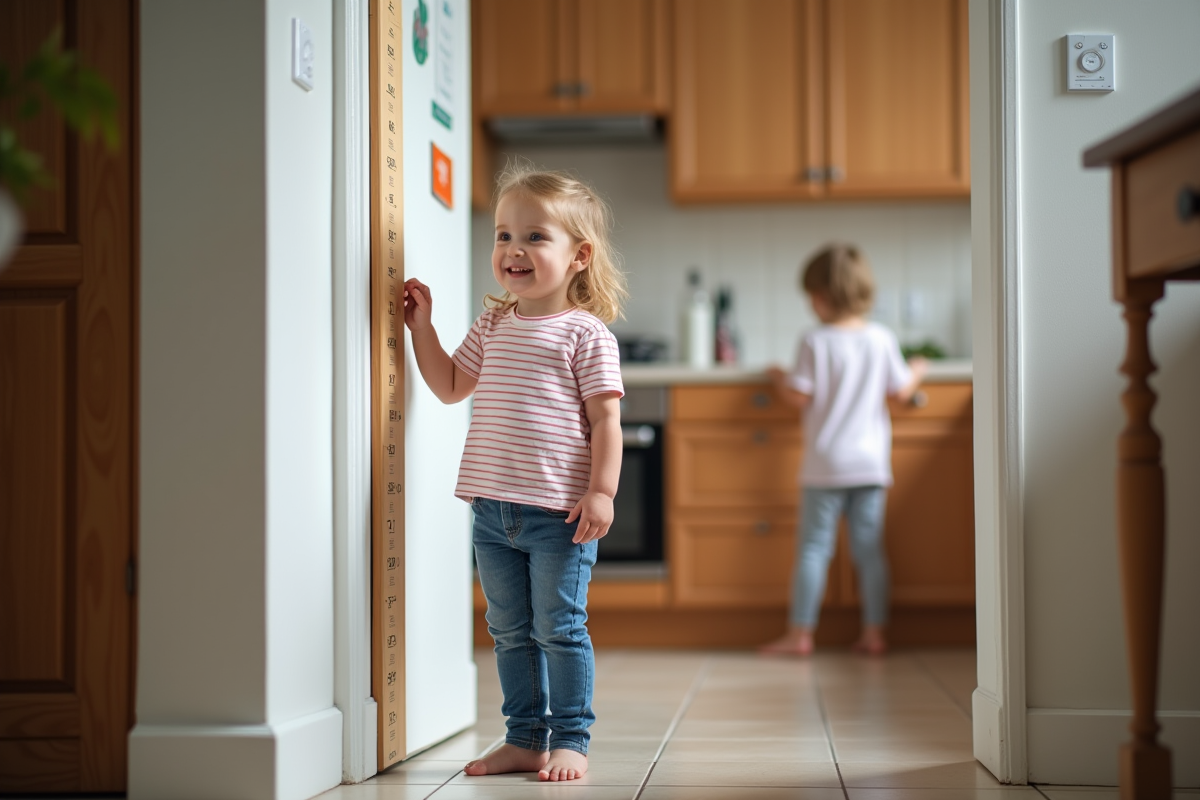Petite fille debout contre un mètre de croissance dans la cuisine