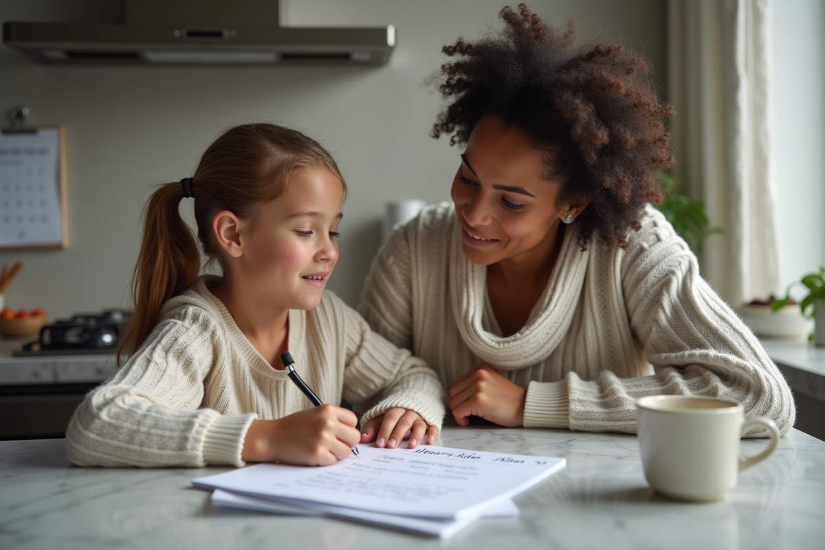 Jeune fille avec sa mère vérifiant les règles de la maison