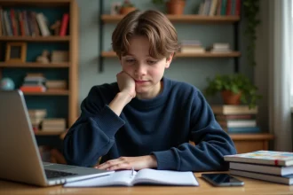 Jeune garçon assis à son bureau dans une chambre calme