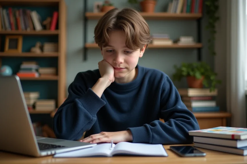Jeune garçon assis à son bureau dans une chambre calme