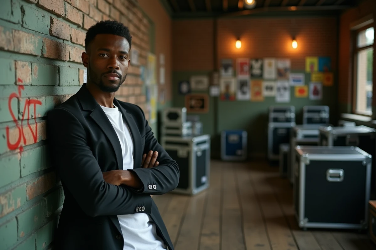 Jeune homme adulte en coulisses d'une salle de concert, portrait évocateur de l'héritage musical de la famille Turner