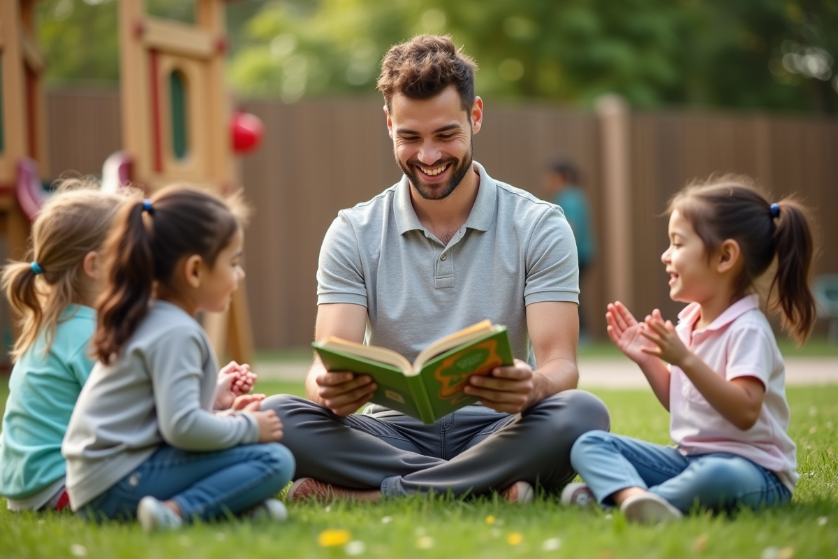 Jeune homme lisant une histoire aux enfants en plein air