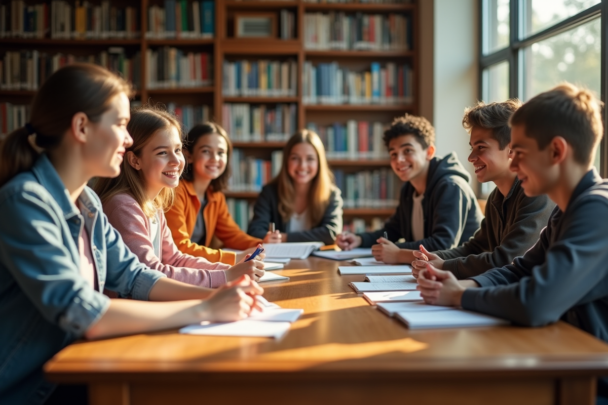 Jeunes en groupe dans une bibliothèque scolaire