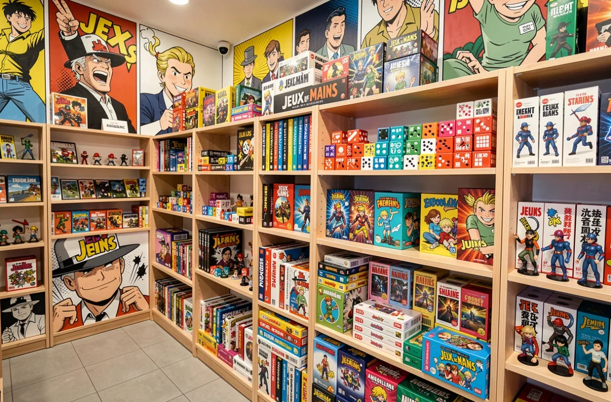 Boutique Jeux de Mains à Angoulême avec des jeux de cartes et des figurines inspirés de la culture bande dessinée