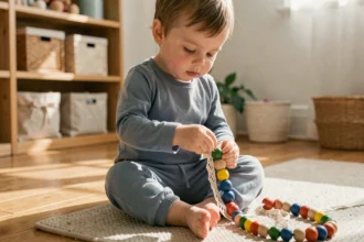Enfant de 2 ans qui enfile des perles en bois colorées pour développer sa motricité fine