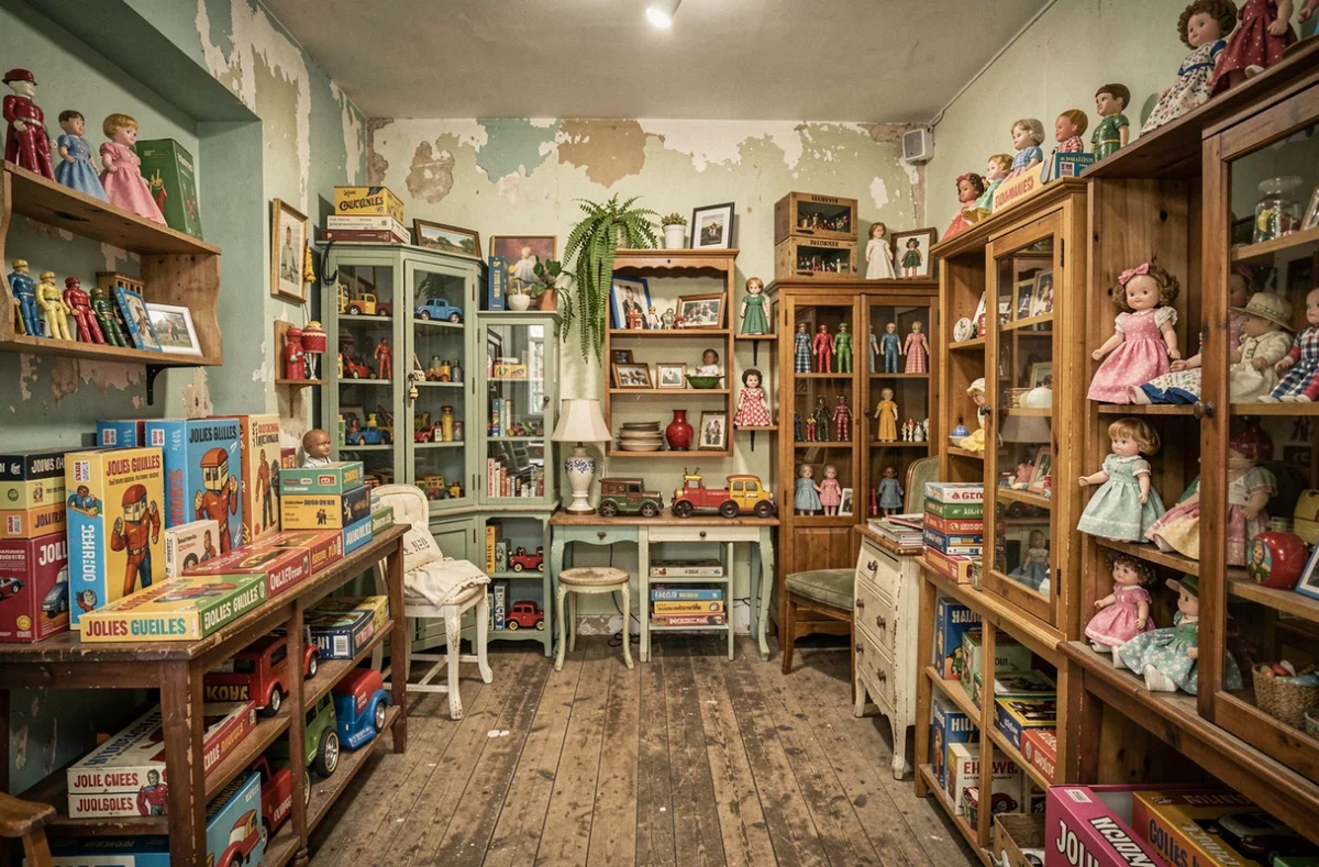 Boutique Jolies Gueilles à Bordeaux avec des jouets vintages et des jeux de société rétro dans un cadre brocante