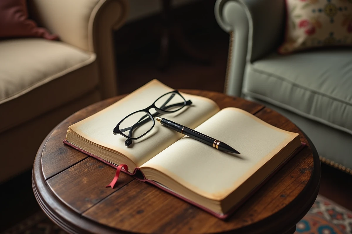 Journal fermé avec stylo et lunettes sur table en bois