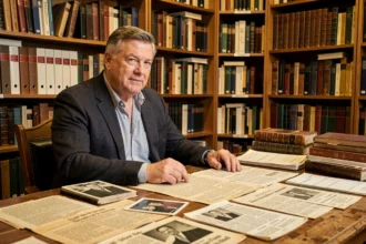 Journaliste consultant des archives historiques dans une bibliothèque de recherche