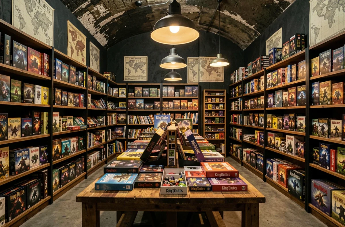 Intérieur de King'Dultes à Bordeaux, spécialiste des jeux de société adultes, avec des étagères remplies de jeux et accessoires