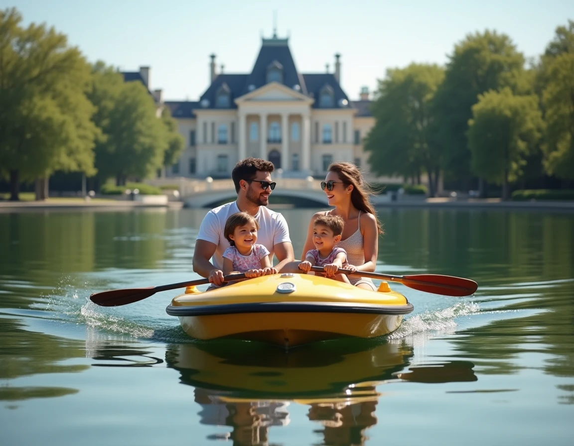 Famille en pédalo sur le lac d'Enghien-les-Bains avec la façade du casino Belle Époque en arrière-plan