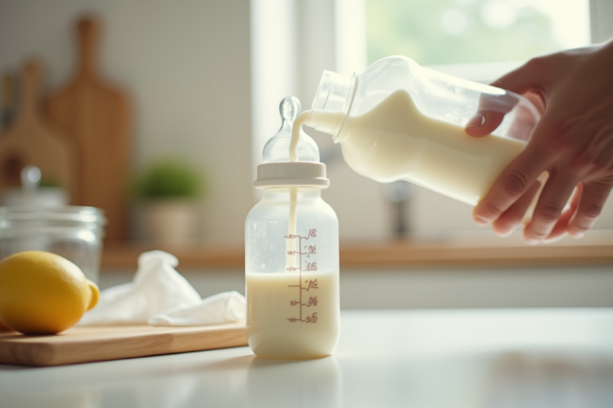 Lait maternel frais versé dans un biberon sur la cuisine