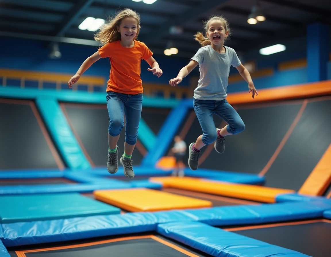 Adolescents sautant en l'air sur les trampolines du parc Let's Jump à Pontoise