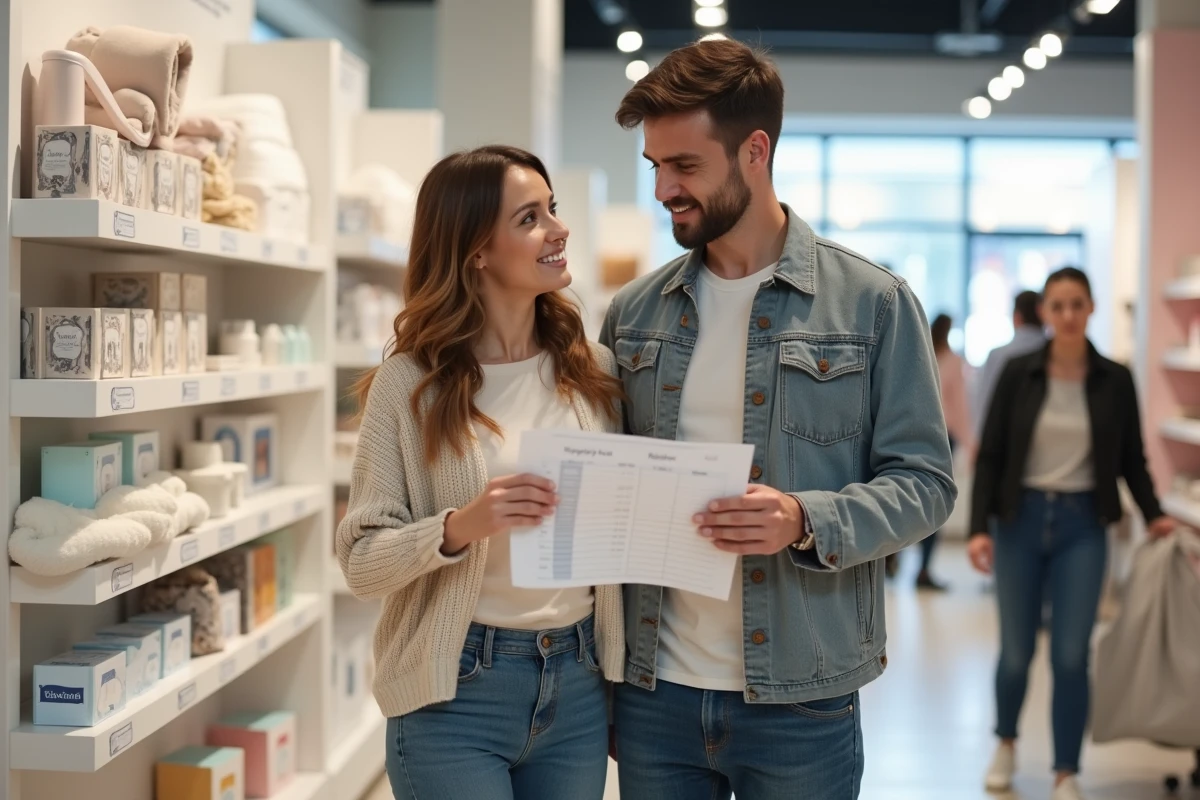 Couple choisissant des articles pour leur liste de naissance dans un magasin de puériculture