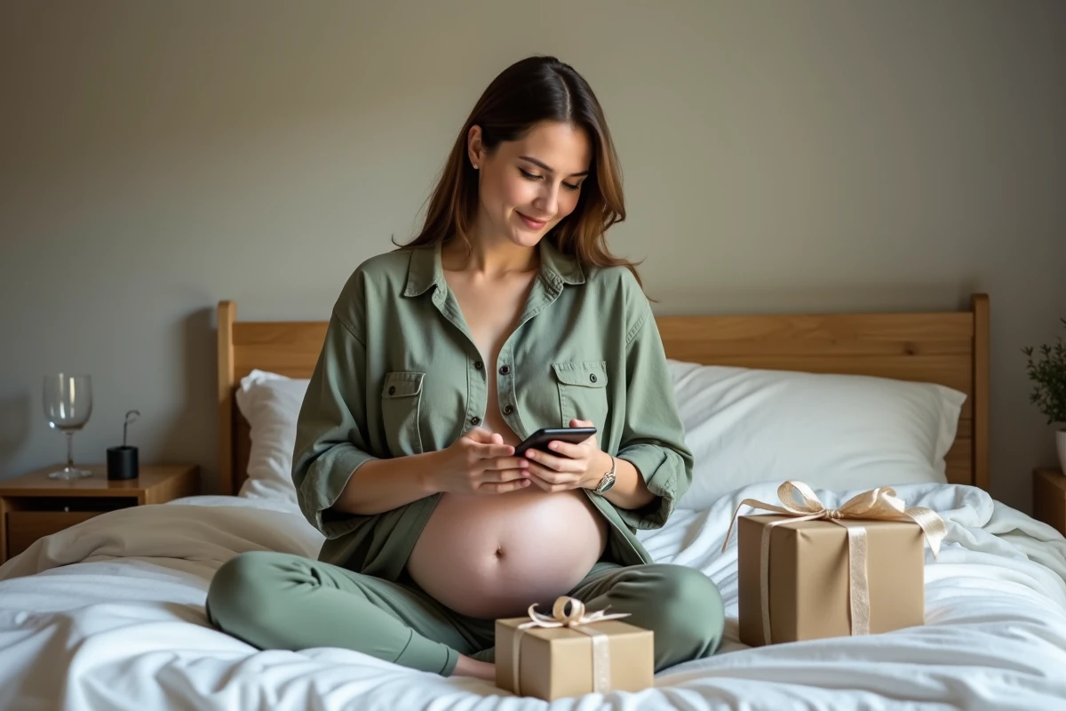Femme enceinte consultant sa liste de naissance sur smartphone entourée de cadeaux