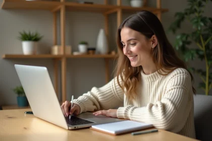 Jeune femme consultant une liste de naissance en ligne sur son ordinateur portable avec un carnet de notes