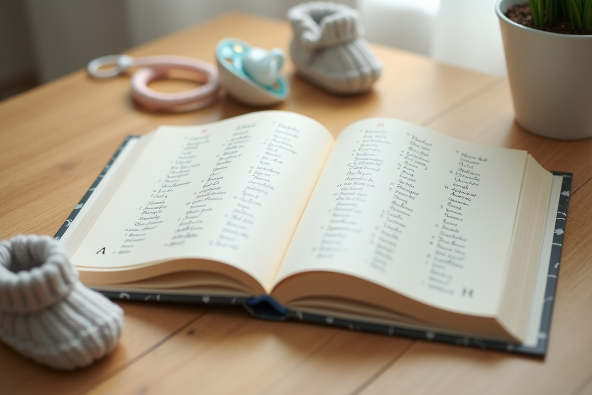 Livre de noms pour bébé avec accessoires en V sur une table