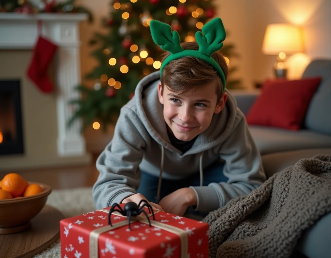 Adolescent déguisé en lutin farceur posant un faux insecte sur un cadeau de Noël dans un salon décoré