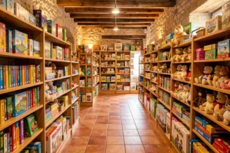 Intérieur coloré d'un magasin de jouets en Nouvelle-Aquitaine avec des étagères remplies de jeux et de peluches