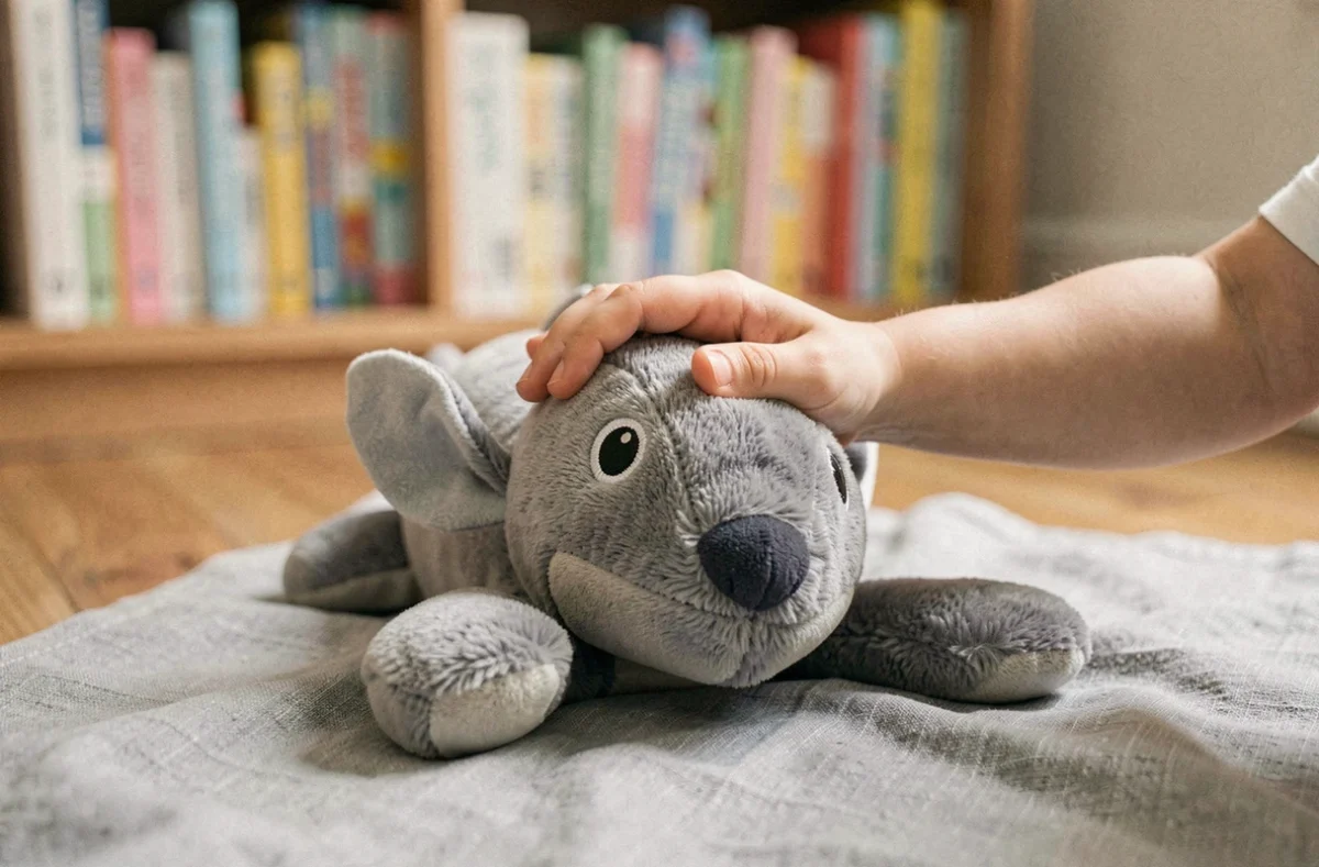 Main d'enfant posée sur une peluche Stitch sur un plaid gris dans une chambre douillette