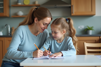 Maman aidant sa fille à faire ses devoirs à la maison