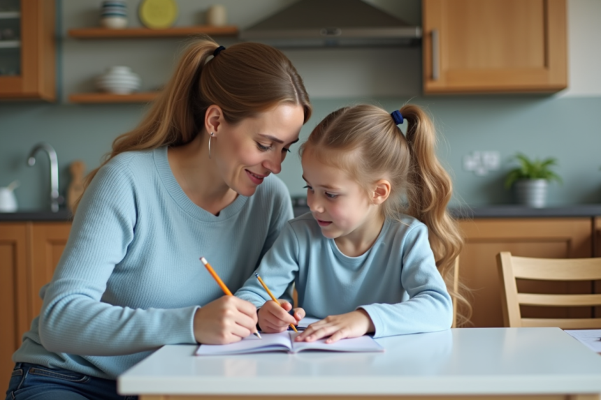 Maman aidant sa fille à faire ses devoirs à la maison