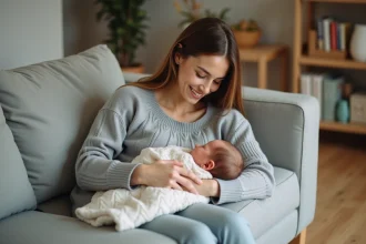 Jeune maman allaitant son bébé à la maison dans un salon chaleureux