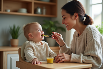 Maman donnant à manger à son bébé dans une cuisine chaleureuse