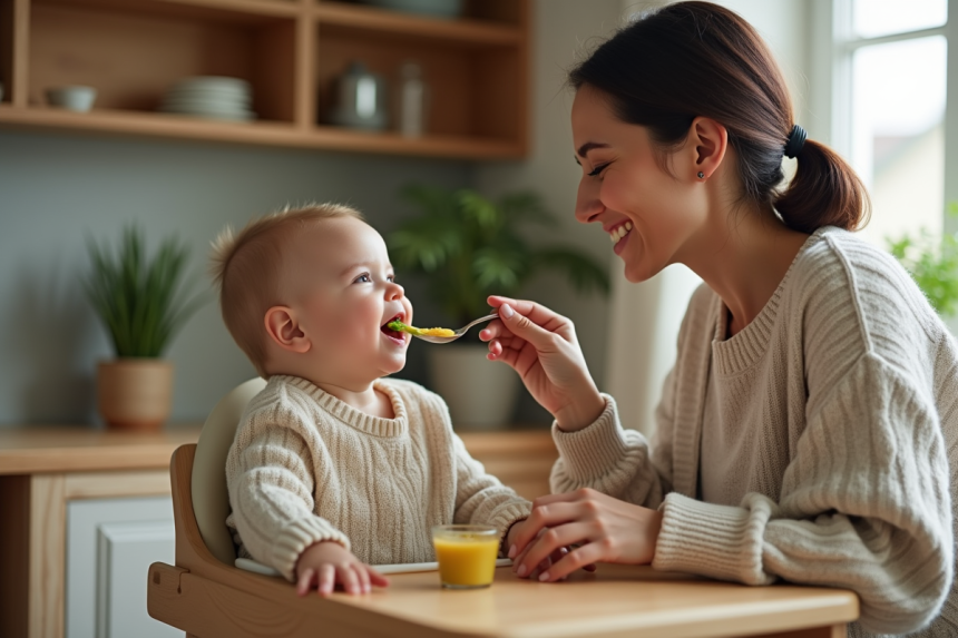 Maman donnant à manger à son bébé dans une cuisine chaleureuse