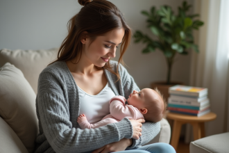 Jeune maman en train d’allaiter son bébé dans un salon cosy