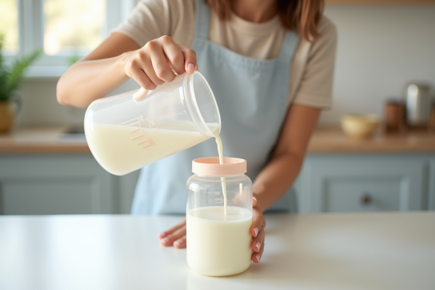 Jeune maman versant du lait dans un biberon sur un plan lumineux