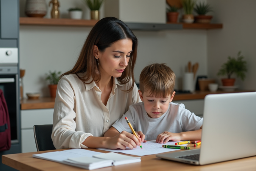 Femme et enfant dessinant à la maison dans une cuisine moderne