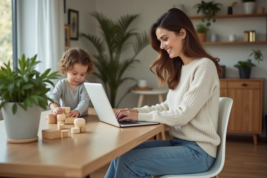 Maman souriante avec son enfant dans un intérieur chaleureux