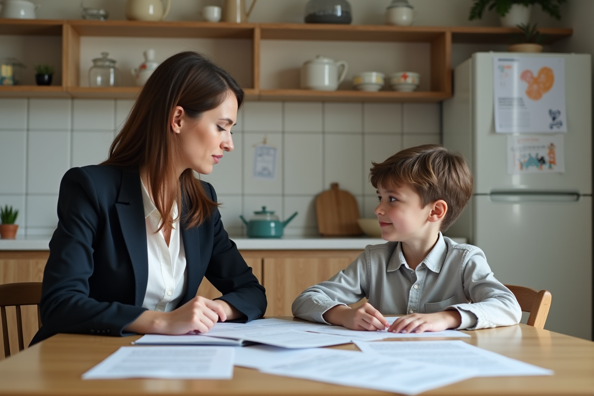 Mère et fils discutant autour de documents juridiques