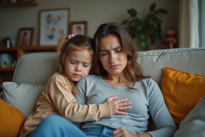 Maman fatiguée avec sa fille dans le salon familial