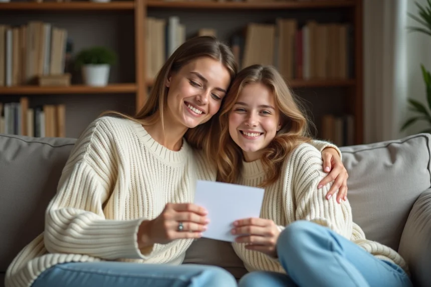Femme et fille se font un câlin avec une carte d'anniversaire
