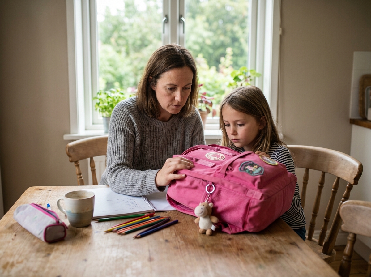 Maman et fille inspectant un sac à dos à la maison